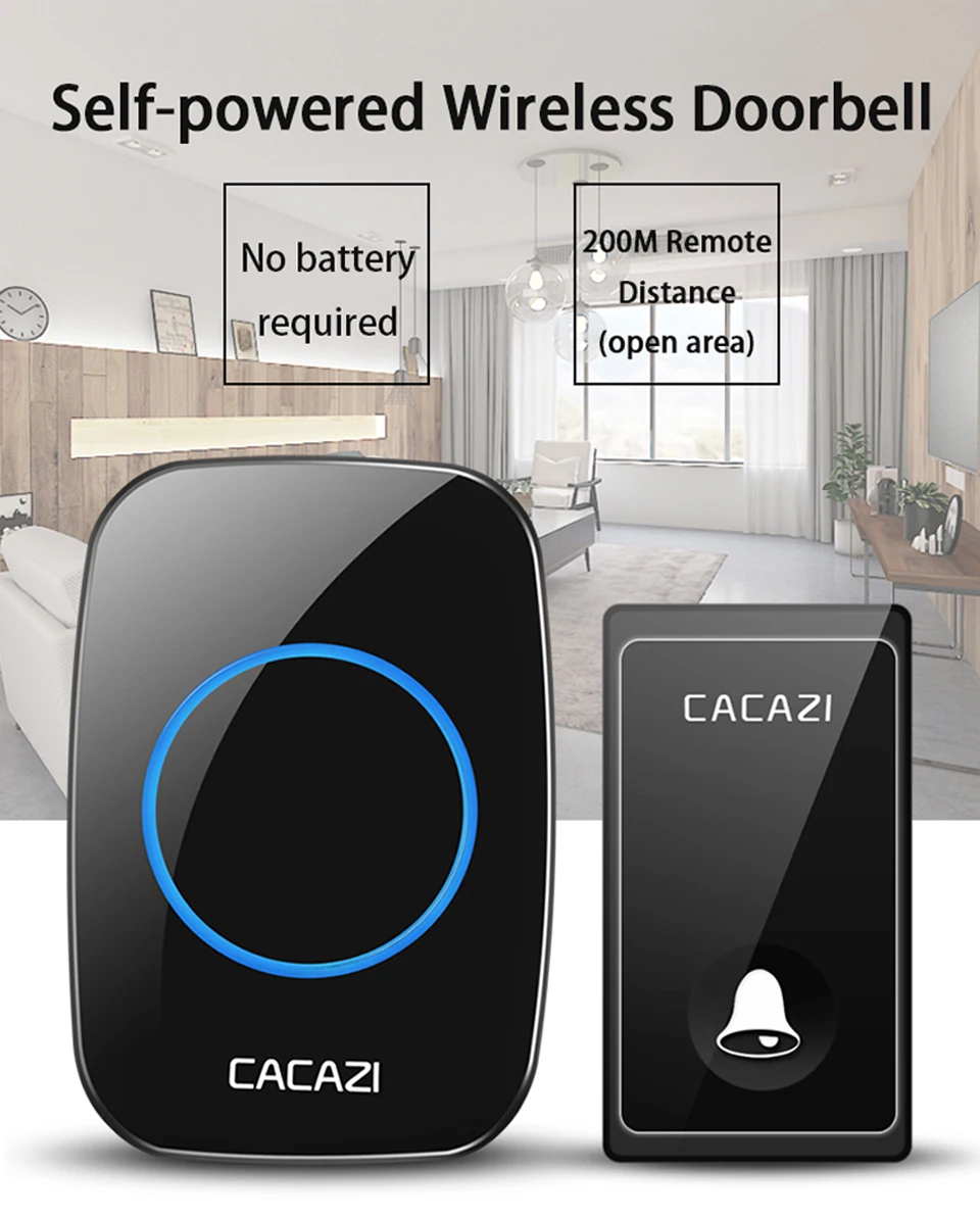 CACAZI водостойкий беспроводной дверной звонок без батареи с автономным питанием 58 курантов США ЕС штекер Умный домашний звонок 2 кнопки 2 приемника