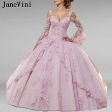 JaneVini элегантное бальное платье розовое бальное платье Пышное Платье с длинным рукавом с аппликацией из бисера платье-принцесса для выпускного вечера Vestidos 15 Anos