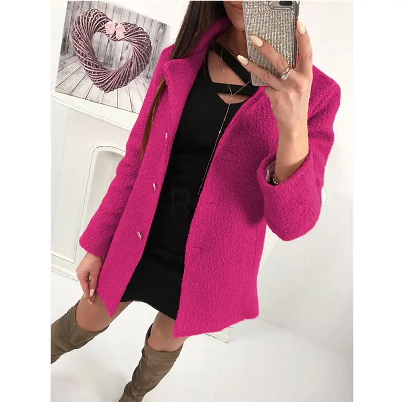 Women Winter Woolen Coat Autumn Casual Solid Color Long Sleeve Pocket Single-Breasted Suit Collar Pink Long Coat Abrigos Fashion (16)