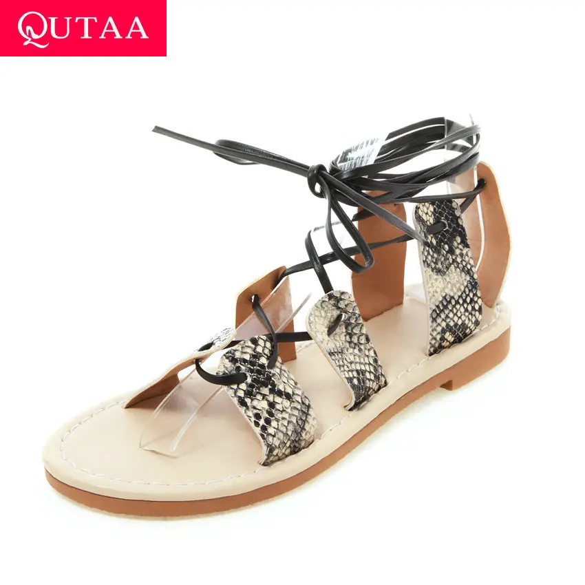 

QUTAA 2019 Women Sandals Serpentine PU Leather Open-toed Bandage Sexy Cut Outs Lace Up Summer Beach Flat Ladies Shoes Size 34-43