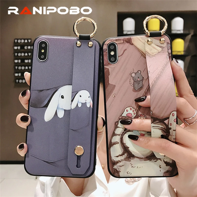 

Cartoon Pocket rabbit Wrist Strap Hand Stand Cases For Iphone XR XS Max X 6 6S 7 8 Plus Funny Animal Cat Phone Case Gift