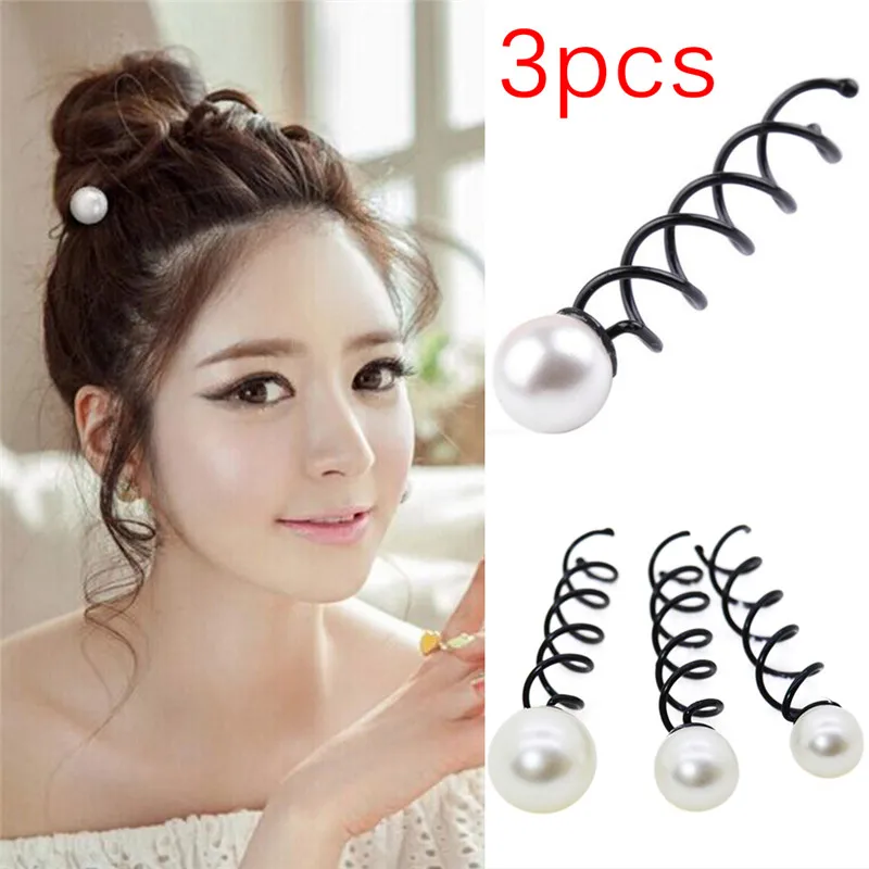 3PCS/Set Women Girls Imitation Pearl Screw Bobby Hair Pins Spiral Spin
