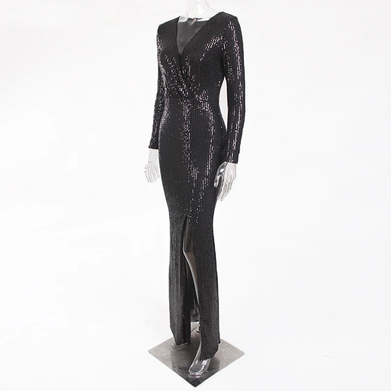 Элегантное черный Платье с блестками платье для вечеринки платья с запахом V-образный вырез длинное платье эластичный платья с запахом элегантное платье - Цвет: Black