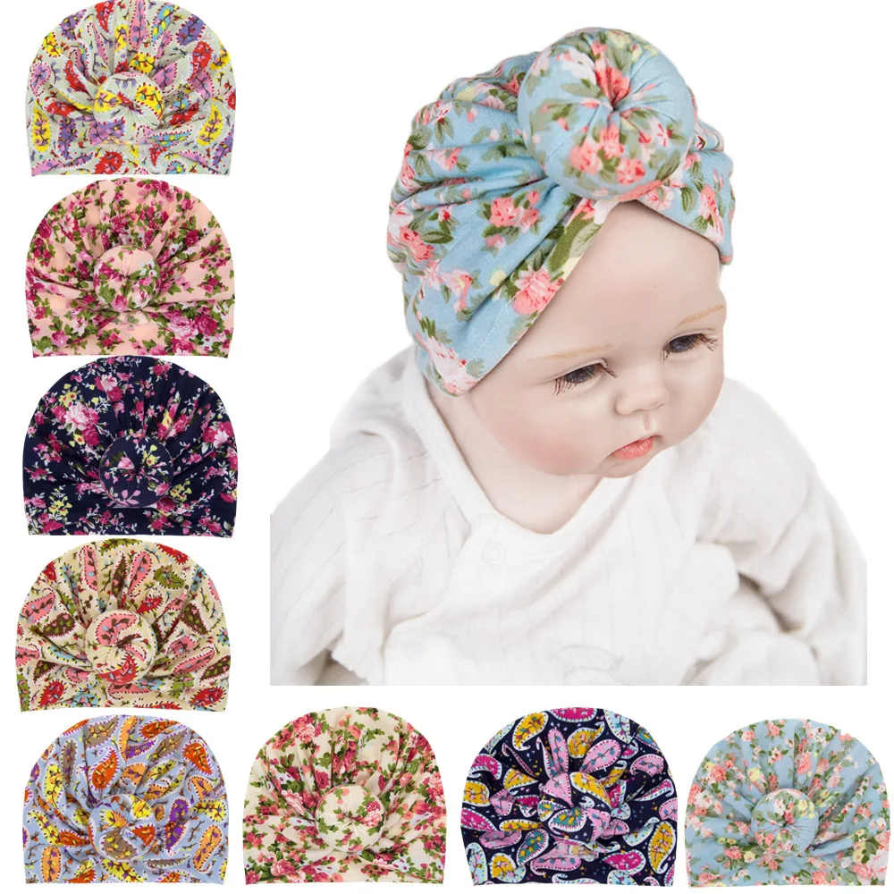 

Nishine 1PCS New Cotton Blend Round Ball Knot Kids Turban Hat Printed Newborn Beanie Caps Headwraps Birthday Gift Photo Props
