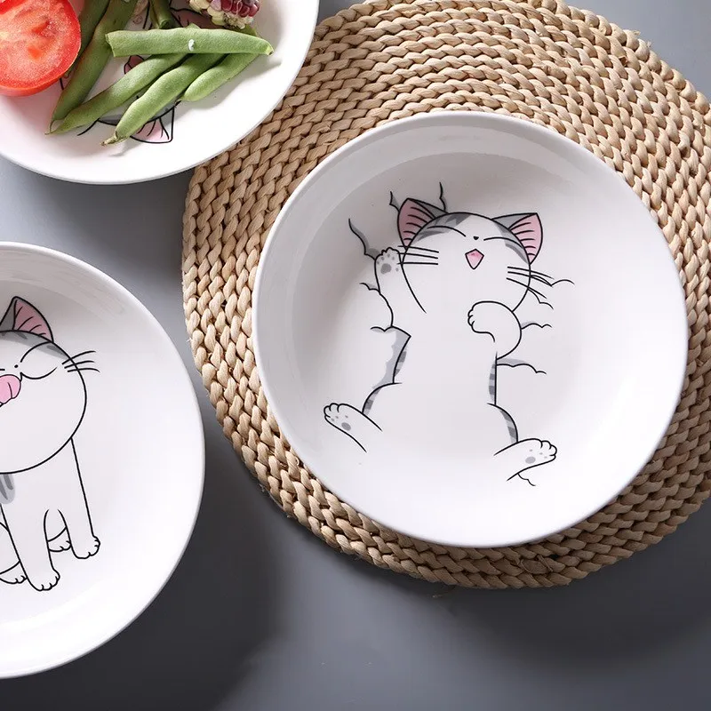 Керамическая тарелка с рисунком кота, тарелка для творческой кухни, белая керамическая тарелка, стейк, рисовый суп, костяной фарфор, посуда, подарочное блюдо
