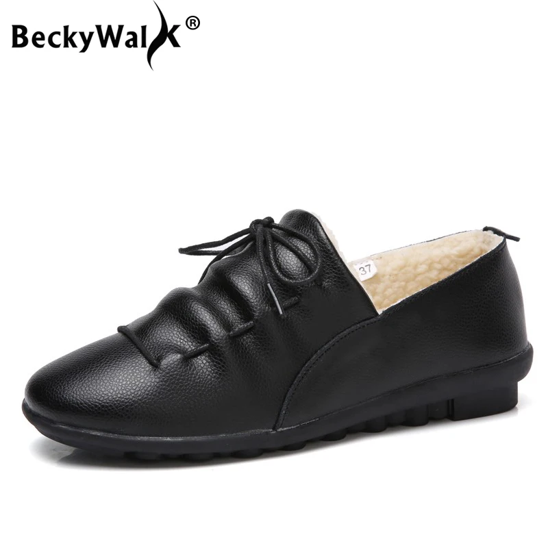 

BeckyWalk Plus Size 35-44 Winter Women Flats Shoes Genuine Leather Warm Plush Leather Shoes Woman zapatos de mujer WSH2701