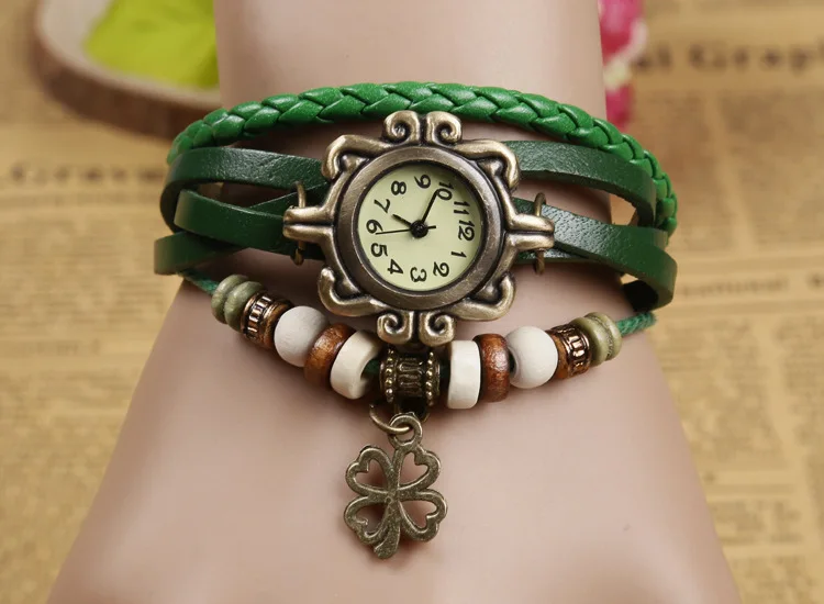 Модные браслеты, женские часы, часы с четырехлистным клевером, женские ретро часы с браслетом