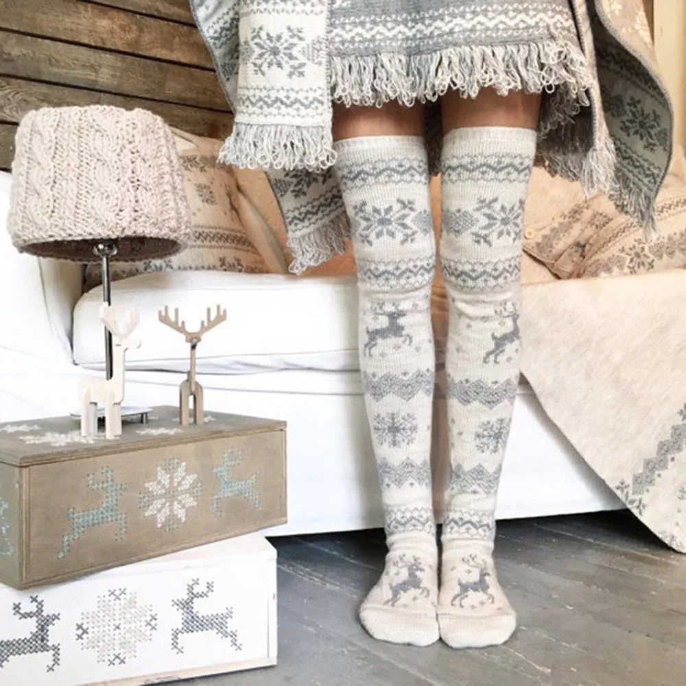 На осень с изображением рождественского оленя, снега принт Для женщин и девочек, высота до бедра, выше колена чулки Рождественский ноги теплые чулки