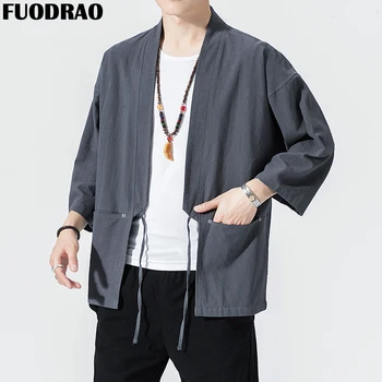 

FUODRAO Kimono Jacket Men 100% Cotton Embroidery Chinese Cardigan Coats Japan Style Streetwear Windbreaker Jackets Men 5XL J131