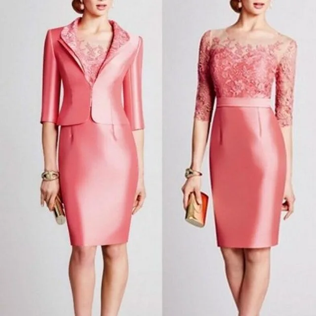 

Watermelon 2019 Mother Of The Bride Dresses Sheath Appliques With Jacket Short Wedding Party Dress Mother Dresses For Wedding