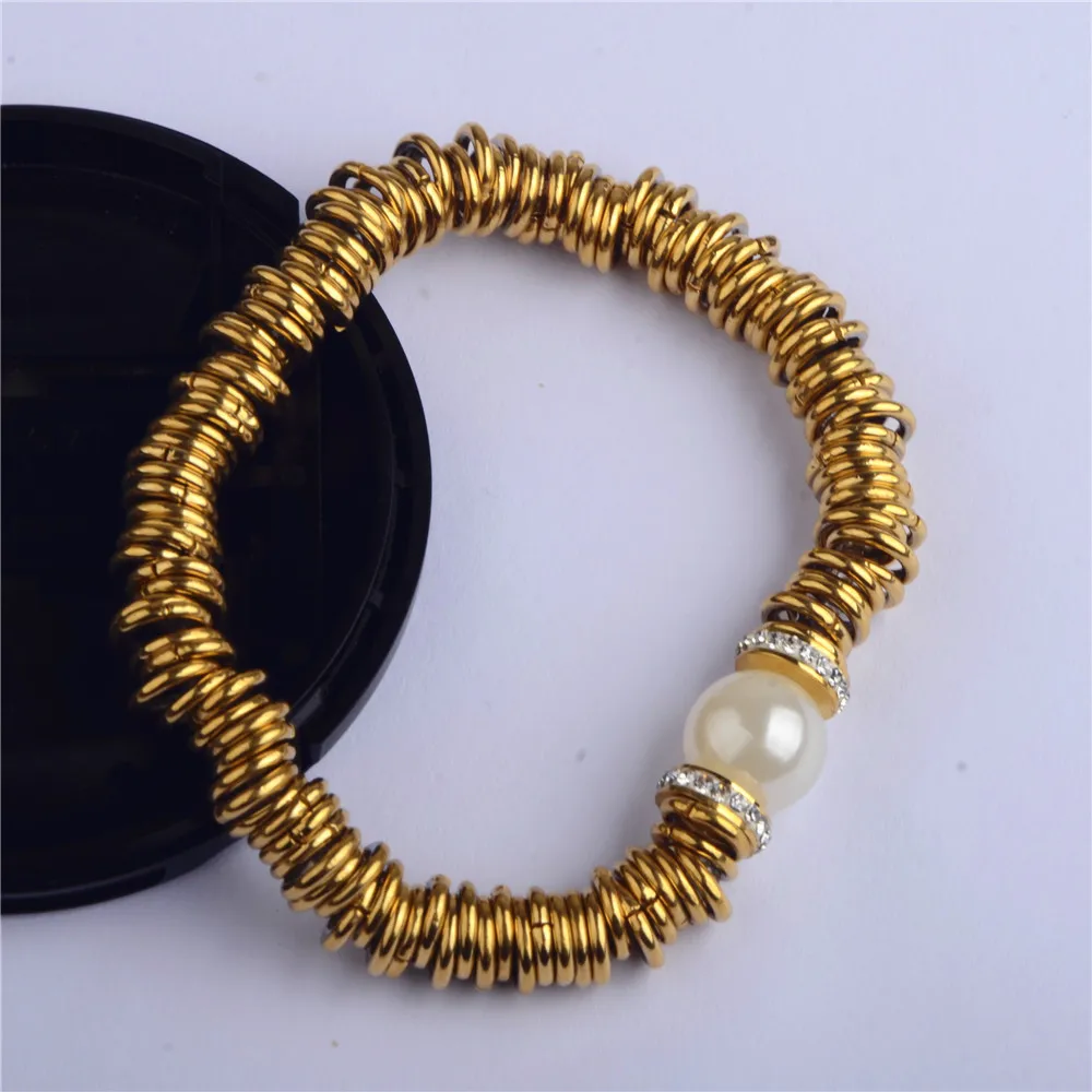 

10pcs/lot Wholesale Women Jewelry Gold Color Metal Pearl Strand Bracelets Bangles 2018