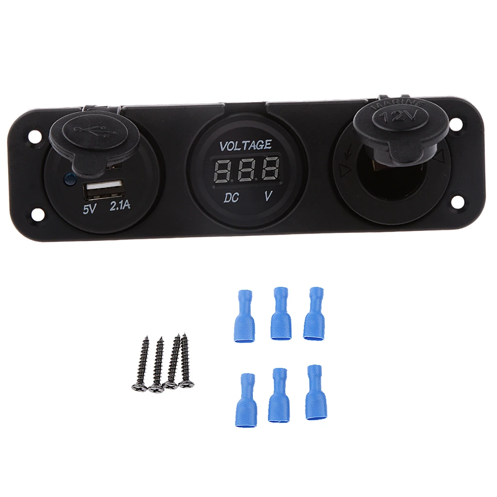 Marine 12V Cigarette Lighter Socket + Voltmeter + USB Charger 5V 1A 2.1A