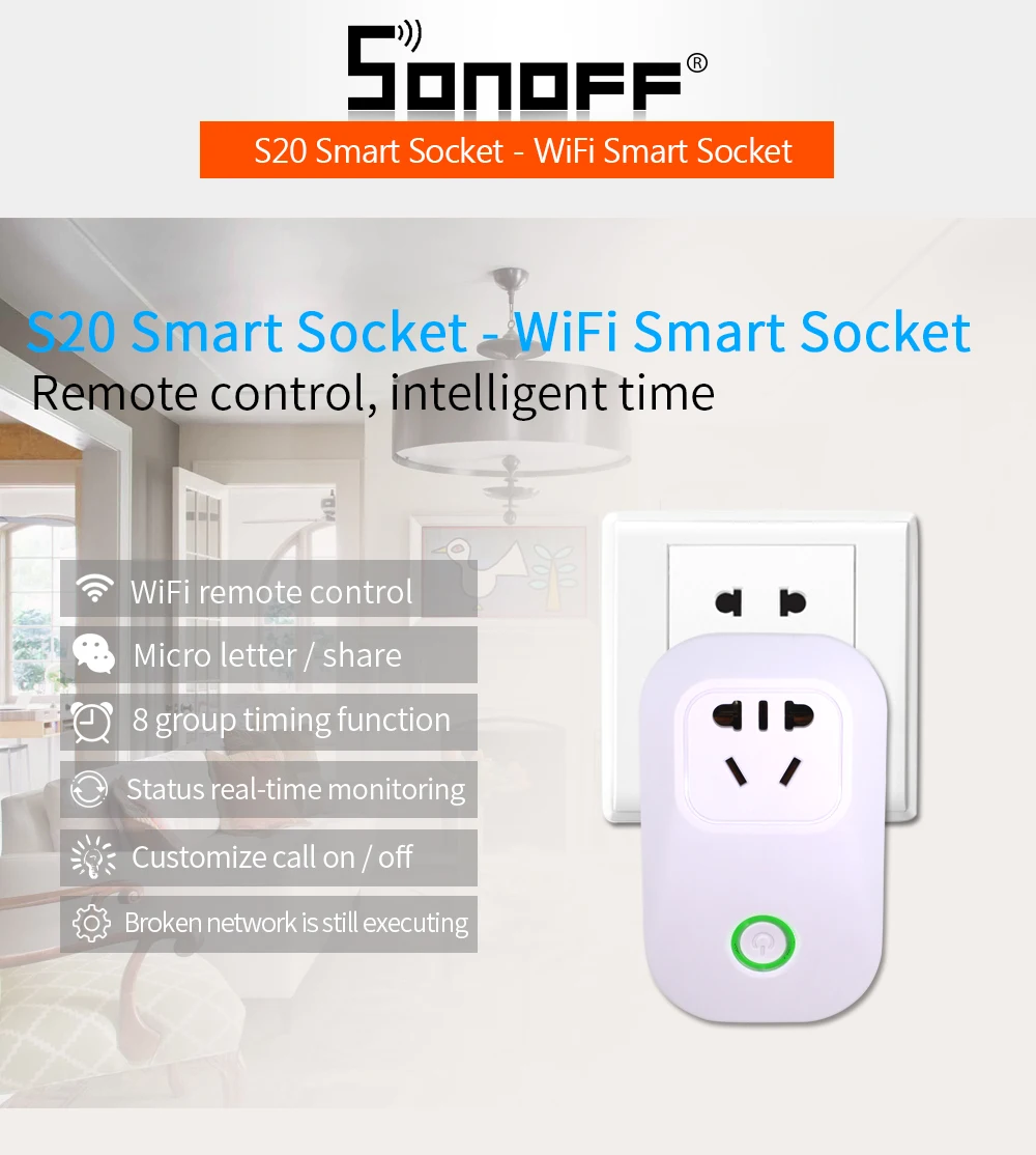 ITEAD sonoff S20 WI-FI переключатель гнездо AU Питание Plug синхронизации для Умный дом автоматизации модуль 10A 90-250 В 220 В aeProduct. получить