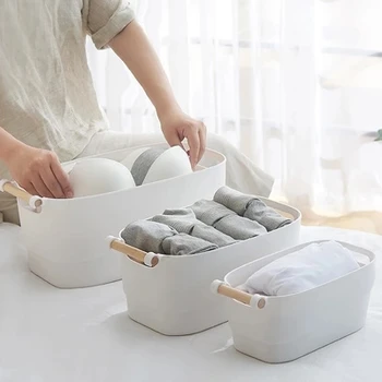

Desktop finishing storage basket portable plastic bathroom washing kitchen snacks storage basket wood storage basket