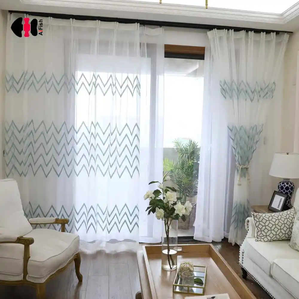 

Mint Stripe Blue Embroidered Tulle White Terylene Voile Curtains Window Drapes Bedroom Wedding 1 Panel Gauze Tulles WP075C