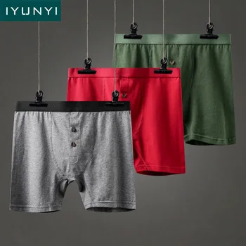 

IYUNYI Men Boxer Shorts High Quality Cotton Breathable Underwear Trunks Button Front Open Cuecas Underpants Long Underpants