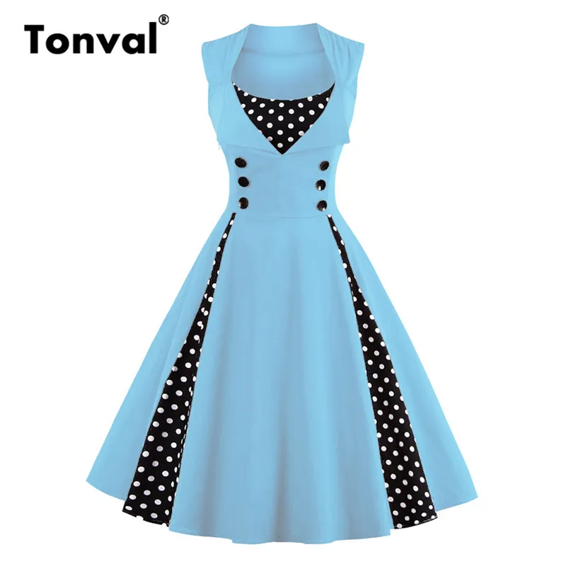 Tonval элегантное винтажное ретро платье в горошек без рукавов, женское летнее платье на пуговицах для вечеринки размера плюс 4XL 5XL, хлопковые платья - Цвет: Небесно-голубой