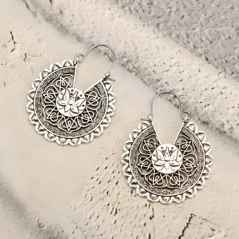 docona Bohemia Tribal Hollow Lotus Flower Drop Earrings for Women Vintage Antique Carved Circle Dangle Earring Pendientes 4495 - Image 5