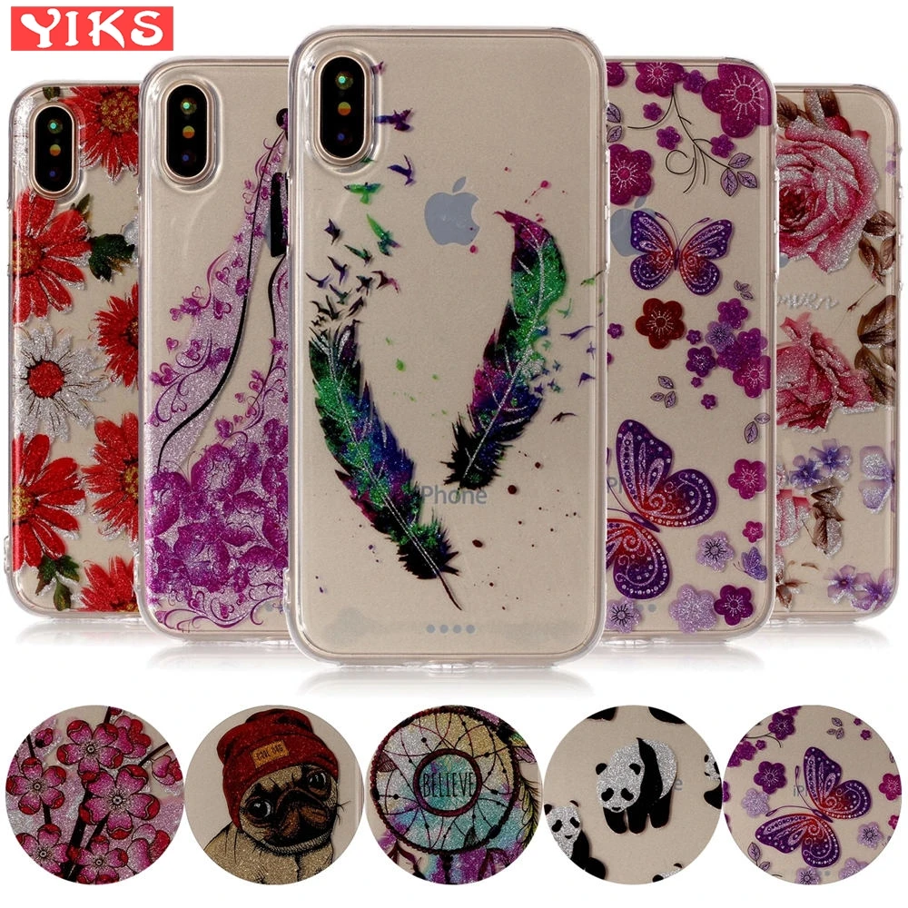 

Glitter Soft Case for fundas iPhone 7 8 Cases Cool feather Beatiful flowers TPU Silicone Phone Cape for iPhone 8 7 Cover Coque