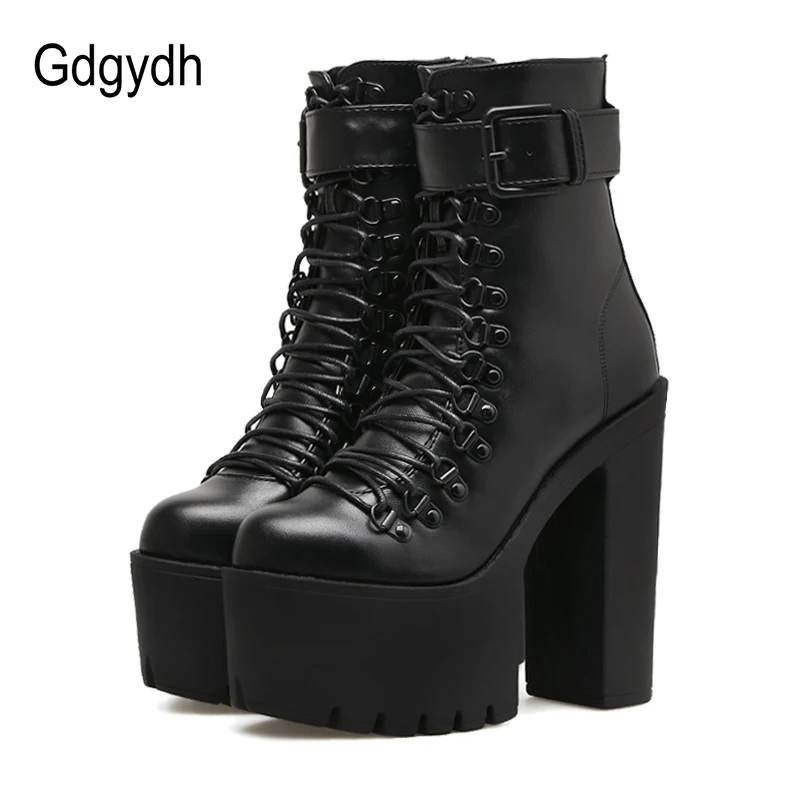 Best Gdgydh Fashion Motorcycle Boots Women Leather Spring Autumn Metal Buckle High Heels Shoes Zipper Black Ankle Boots Woman Lacing