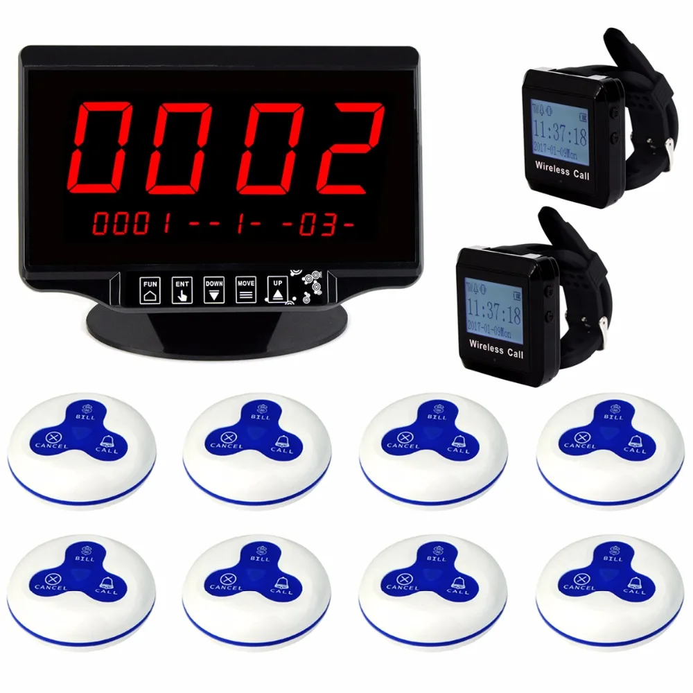 

2.3" Voice Reporting Receiver Host+2 Watch Receiver+8 Call Button for Wireless Pager Calling Queuing System 433MHz F3260