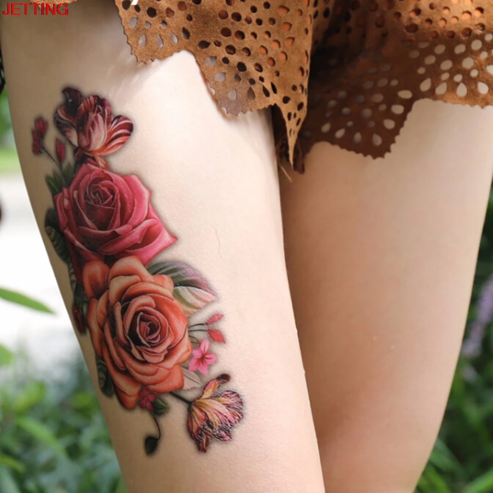 Beautiful Indian Arabic Fake temporary tattoo sticker 3D rose flower arm shoulder thigh tattoo waterproof women 9*19cm