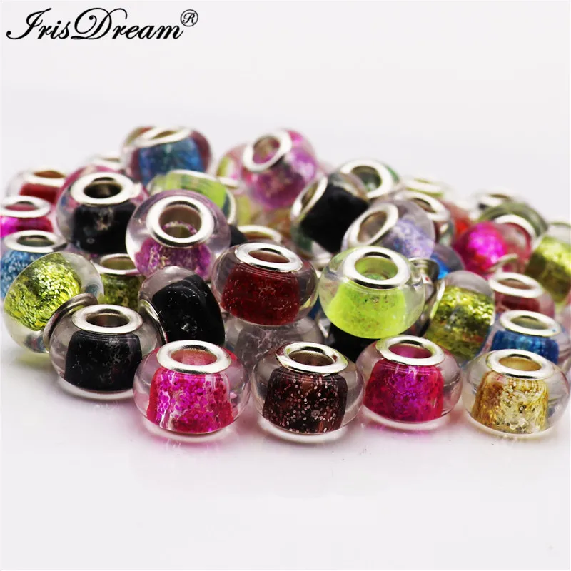 

50Pcs Assorted mix color glitter powder clear 5mm big hole plastic resin bead charm fit for pandora bracelet bangle DIY jewelry