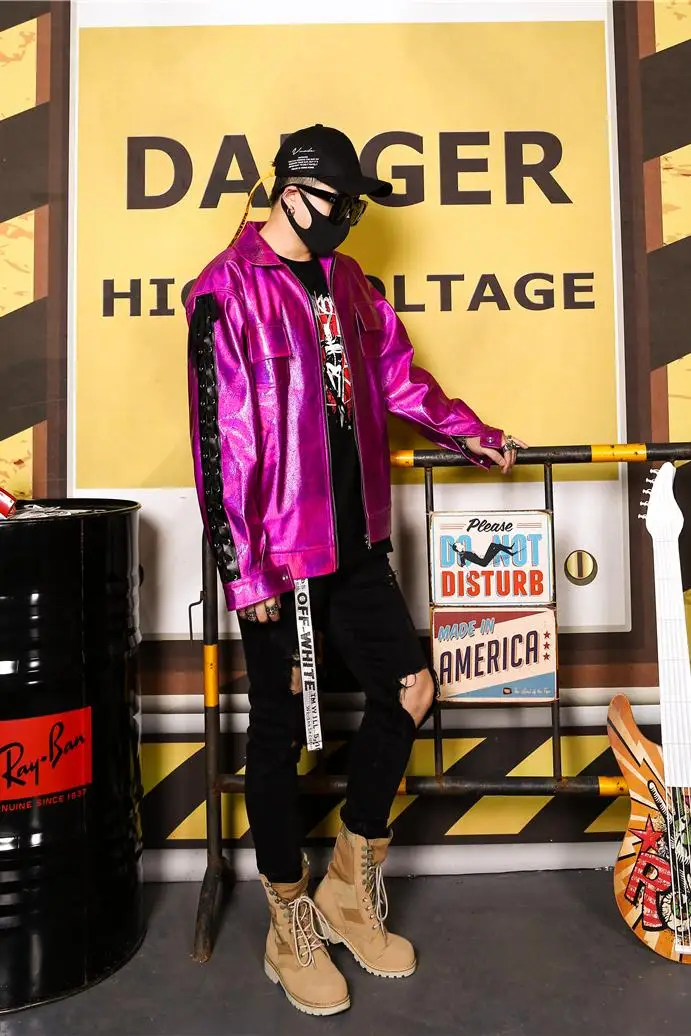 Модные мужские пальто с мехом WANPINIMO певец ночной клуб DJ Мэй Хун фантазия Китае имеет хип-хоп свободные кожаная куртка - Цвет: Фуксия
