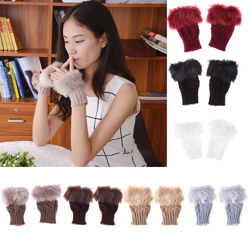 

Faux Rabbit Fur Knitted Gloves Winter Women Crochet Knitted Fingerless Gloves Female Knitting Warmer Wrist Hand Gloves Mitten