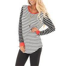 Весенне-осенняя футболка с длинным рукавом Женские топы Харадзюку Печать Полосатый пэчворк o-образным вырезом свободная хлопковая Футболка SJ082V