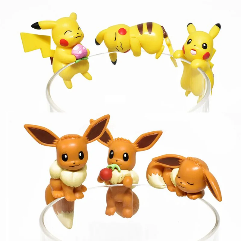 

6pcs/set Cute Anime pokemones Figures on the Cup Pika Eeve Figures Action Toy Model Car Decoration Gifts Toys for Children