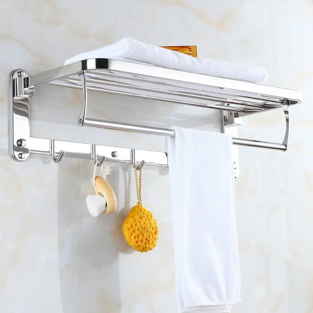 Полотенец для ванной комнаты складной 304 нержавеющая сталь хромированный держатель для полотенец Настенный 40-60 см Полка для полотенец с крючками - Цвет: style B 60cm