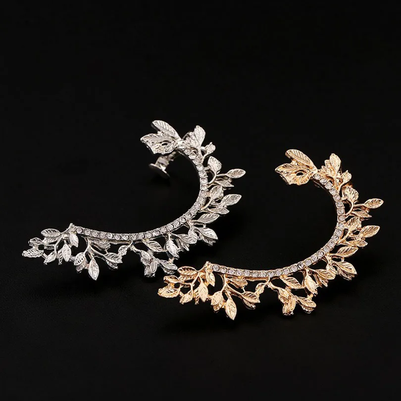 

Punk Jewelry Women Gift Gold Silver Plated Crystal Ear Cuff Curved Full Rhinestone Vintage Leaf Zinc Alloy Clip Earrings