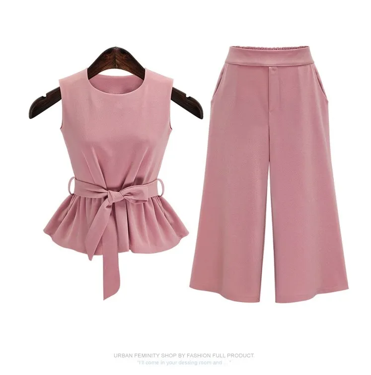 Летние женские большие размеры без рукавов с круглым вырезом Топы до середины икры розовый цвет однотонные шифоновые брюки комплекты