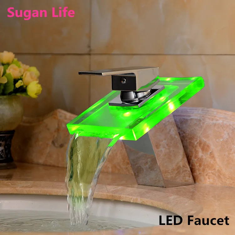 Led Color Changes Glass Waterfall Basin Faucet Bathroom Bath Tub