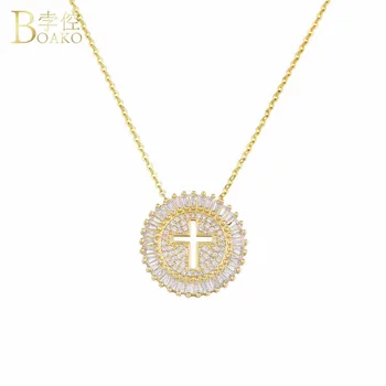 

BOAKO White Cubic Zirconia Cross Necklace for Women Men Statement Jewelry Round Pendant Necklace Bijoux Collier Gift
