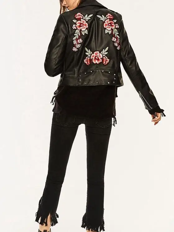 Mode Biker Collier Étiquette Court Femme Nouveau Broderie Patch Fleurs Longues 2017 Noir Stud Manches Veste Printemps Avec Des À 1wE0F