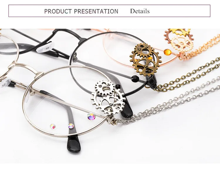 Cosplay&ware Oulylan Round Glasses Frames Women Vintage Metal Eyeglasses Ladies Cosplay Lolita Gears Chain Decoration Spectacle Frame -Zentai shop online