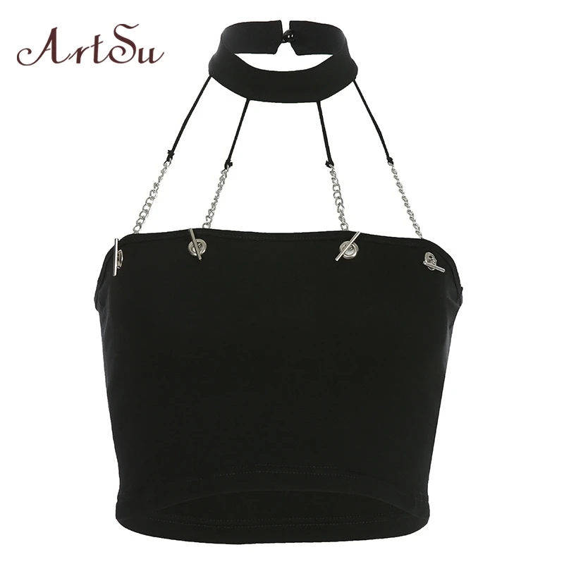 

ArtSu Halter Chain Sleeveless Top Women Harajuku Backless Sexy Crop Tops Off Shoulder Black Vest Top Summer Streetwear ASVE20740