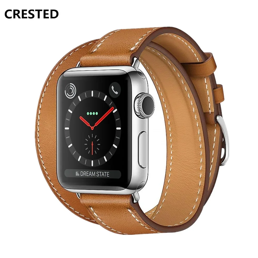 CRESTED Leather Double tour strap For Apple Watch 4 band 44mm/40mm iwatch series 3 2 1 42mm/38mm ...