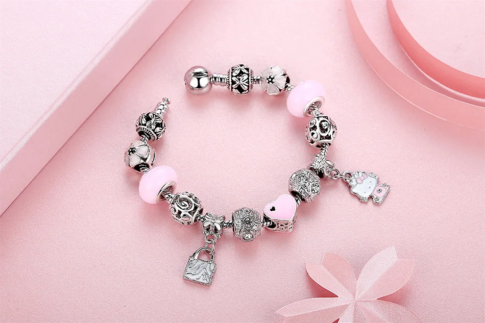 Модный 925 серебряный милый детский браслет с кошкой hello kitty для женщин, детей, девочек, браслет с хрустальными бусинами и ювелирные изделия на запястье