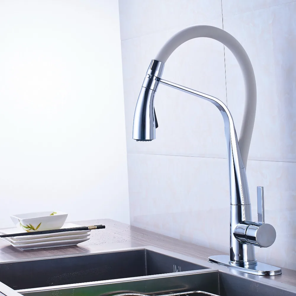 

Chrome Finish Pull Out Bathroom Kitchen Faucet Mixer Tap Deck Mounted With Round Cover