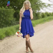 Simple Country Style Royal Blue Bridesmaid Dresses Short Chiffon Knee Length Women Dress For Weddings