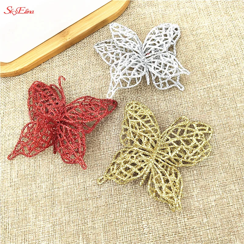 

10Pcs Christmas Artificial Hollow Butterfly Christmas Decorations Flower New Year Wedding Party Decorations Flowers 6Z