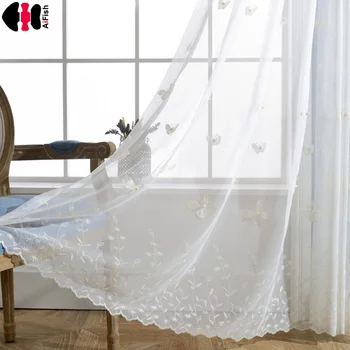 

Cute Natural Cotton Linen Pearl Butterfly Solid Sheer Voile Curtain For Bedroom Study Room WP224C