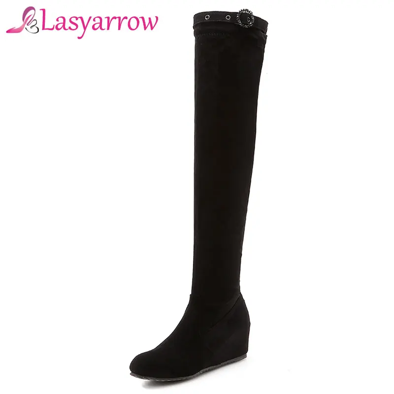 

Lasyarrow Punk Ankle Strap Roman Thigh High Long Boots Height Creasing Wedges High Heel Round Toe Fashion Over the Knee Boots