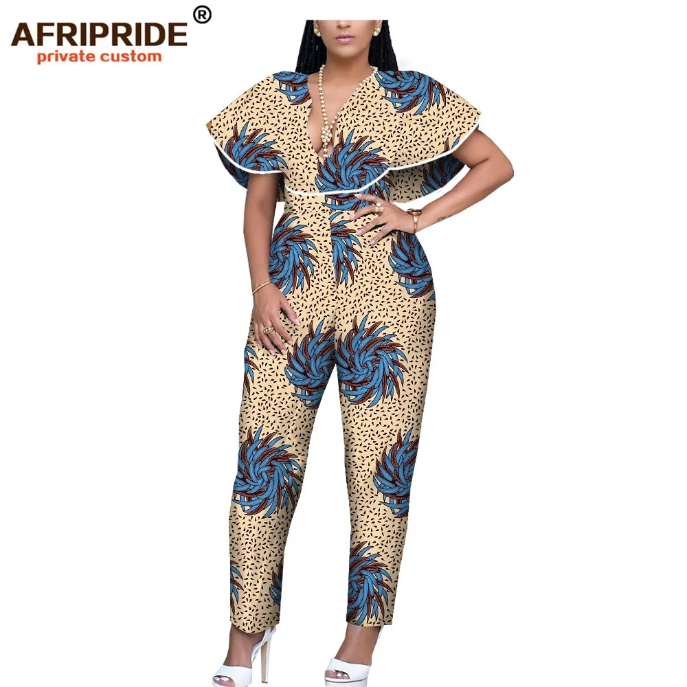 

2019 african wax women jumpsuit AFRIPRIDE bazin richi short ruffles sleeves ankle length cotton sexy jumpsuit for women A1929002