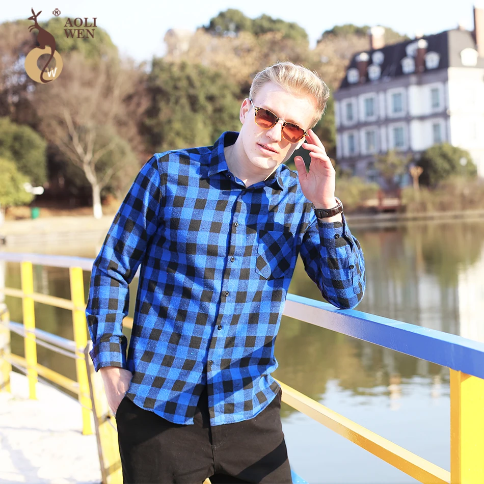 

Aoliwen 2018 Best Selling Business Casual Men's Long-Sleeved Shirt Black And Blue Plaid Slim Fashion Male Shirt Size M-5Xl