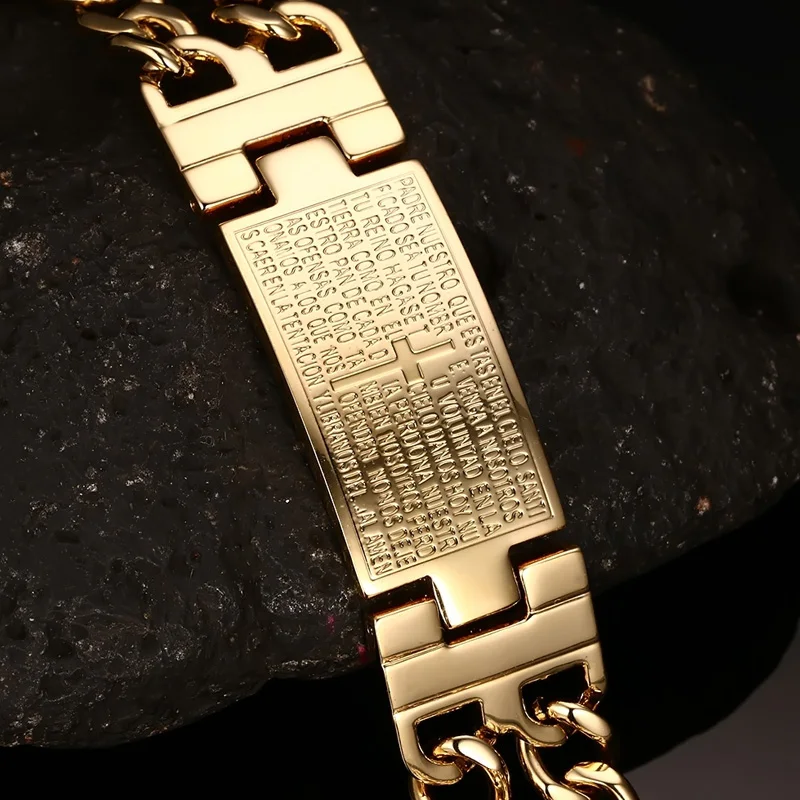 Gold Color ID Bracelet Men Scripture Stainless Steel Men Bracelet Metal Cross Double Hand Chain Bracelets & Bangles for Male