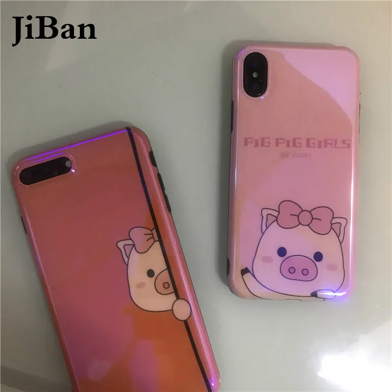 JiBan For iphone X Cute Cartoon Animal Pig Case Fashion Cool Blue Ray Light Soft TPU Back Phone Cover Shell Apple 6s 7 8Plus |